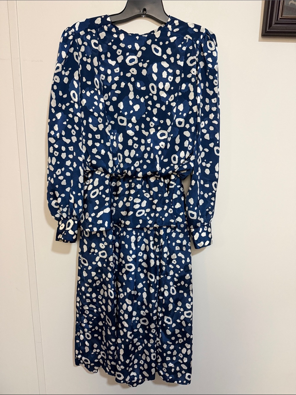 Women's Navy Long Sleeve Printed Midi Dress